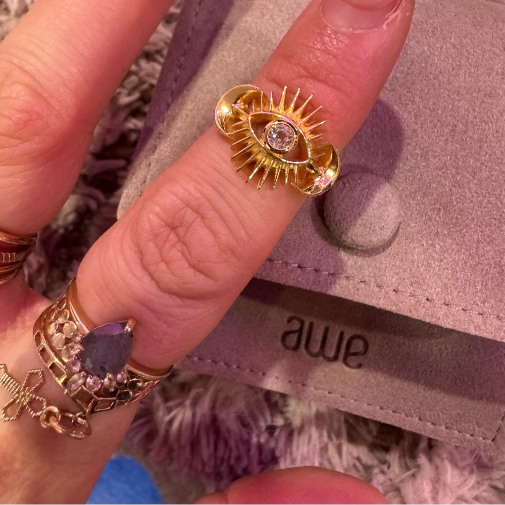 AWE INSPIRED 14K Gold Vermeil Celestial Evil Eye Sun White Topaz Bohemian Ring 4 - Picture 7 of 9